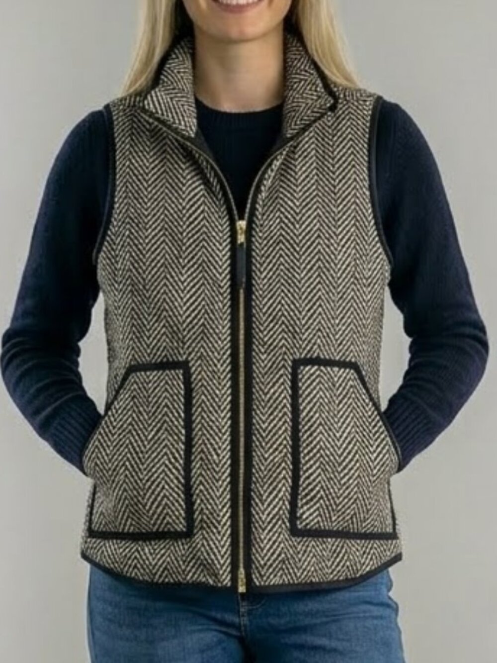 J. Crew Down Puffer Ski Vest Jacket Herringbone Print Full Zip Women's Medium